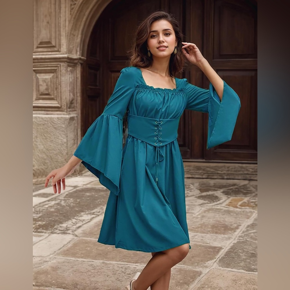 NWOT Square Neck Pleated Waistband Decorated Long Sleeve Dress